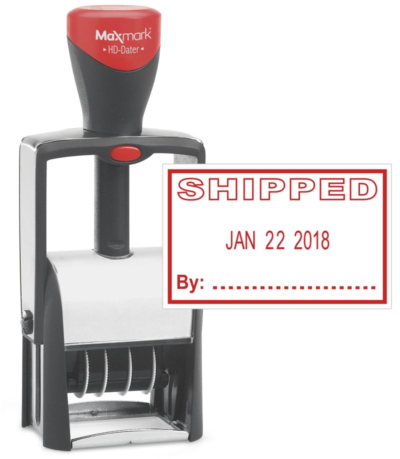 MaxMark Heavy Duty Self Inking Date Stamp with Phrase Shipped - Red Ink - Image 1